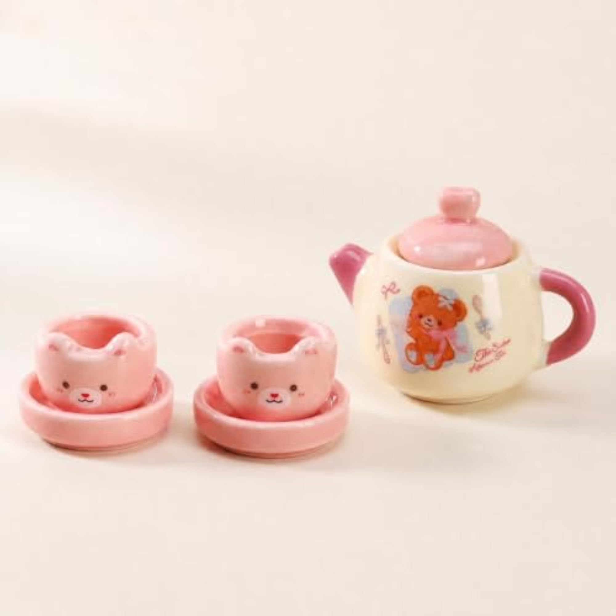 Bear-Themed Miniature Tea Set with Animal-Face Cups, Cute Collectors Gift